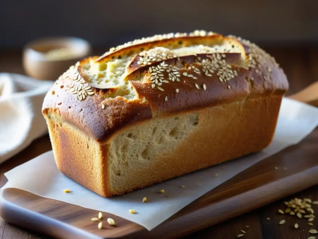 Deliciosa receta pan de amaranto sin gluten: pan recién horneado con corteza dorada, semillas esparcidas sobre tabla de madera