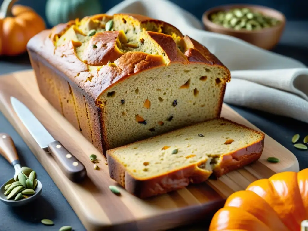 Deliciosa receta de pan de calabaza sin gluten recién horneado en tabla rústica de madera, con semillas y calabaza