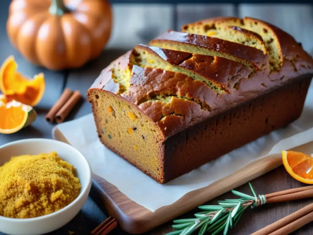 Deliciosa receta de pan de calabaza sin gluten recién horneado en tabla de madera rústica con decoración otoñal