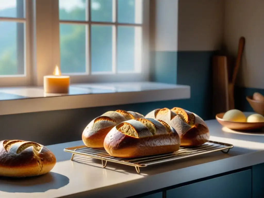 Deliciosa receta de pan de centeno sin gluten en una cocina rústica con pan recién horneado y mantequilla cremosa