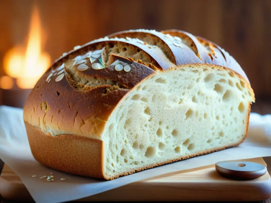 Deliciosa receta pan centeno sin gluten recién horneado en tabla de madera rústica, con corteza dorada brillante