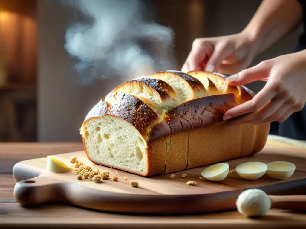 Deliciosa receta de pan sin gluten recién horneado en entorno acogedor de cocina casera