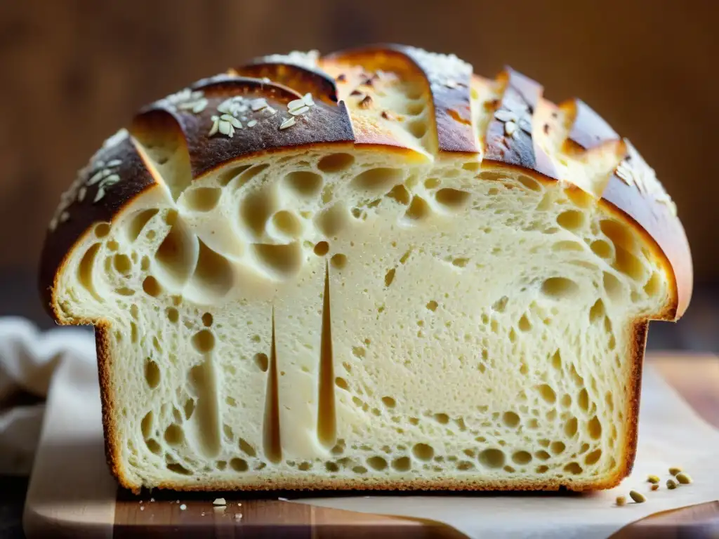 Deliciosa receta de pan sin gluten recién horneado con corteza dorada y miga esponjosa, sobre tabla de madera rústica