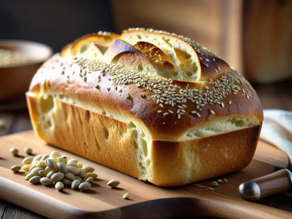 Deliciosa receta pan multigrano sin gluten con corteza dorada y semillas, sobre tabla de madera rústica