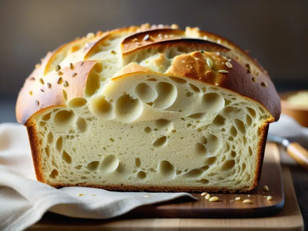 Deliciosa receta de pan sin gluten para niños, un pan dorado recién horneado con una corteza perfectamente marcada y jugosa