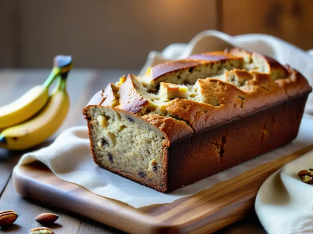 Deliciosa receta de pan de plátano sin gluten recién horneado, con un interior esponjoso y trozos de plátano y nueces