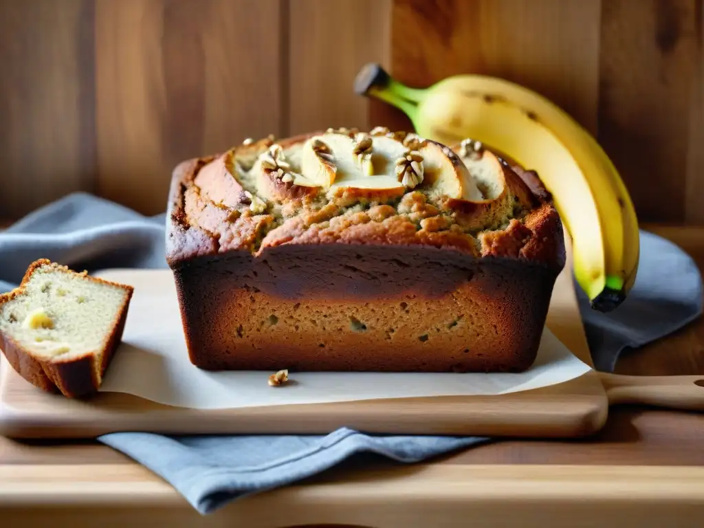 Deliciosa receta de pan de plátano sin gluten, horneado a la perfección en un entorno acogedor y casero