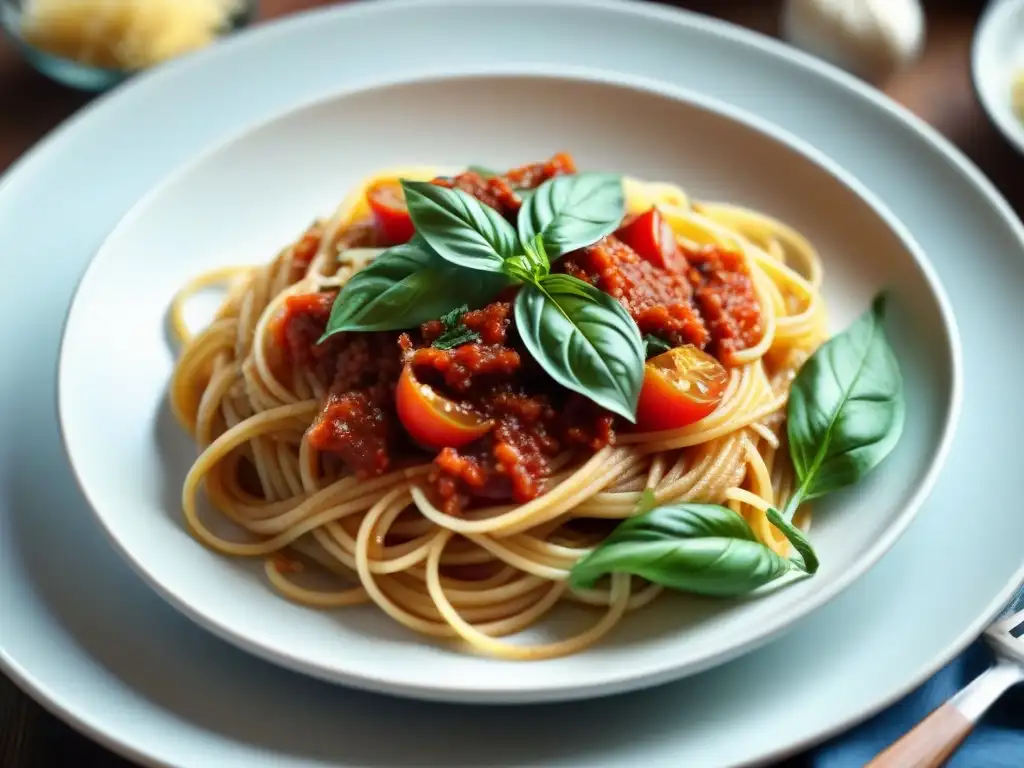 Deliciosa receta de pasta sin gluten: espaguetis con salsa de tomate, albahaca y queso parmesano, presentados con elegancia en un plato blanco