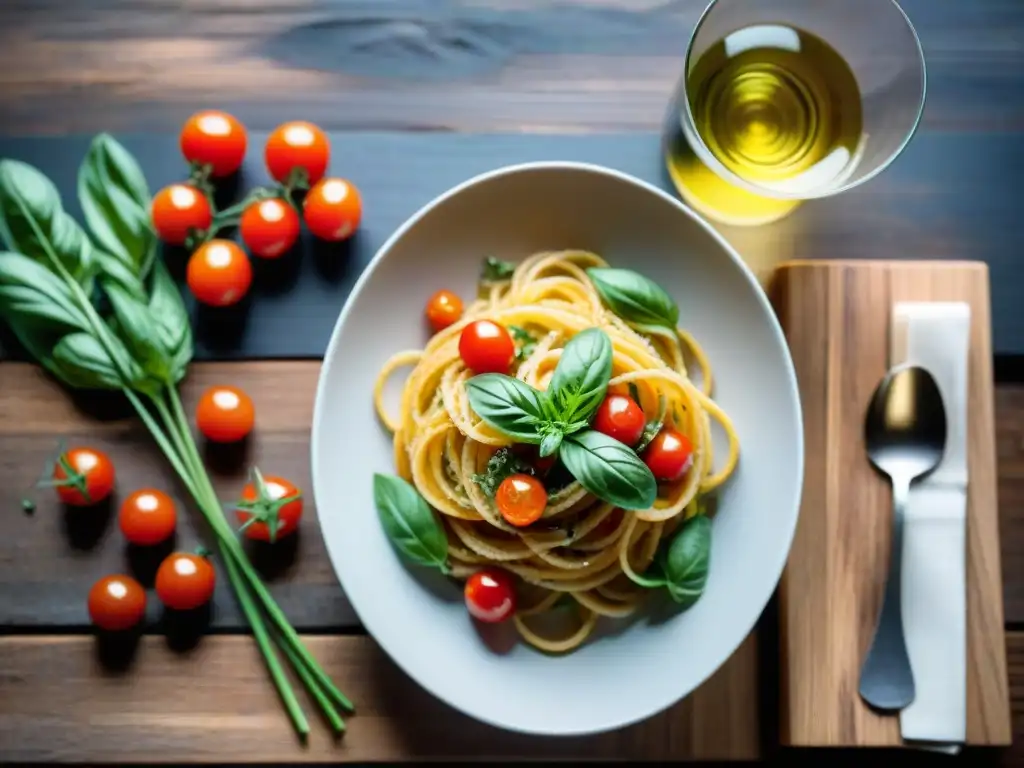 Deliciosa receta de pasta sin gluten con verduras en espiral y queso parmesano en mesa de madera rústica y vino blanco