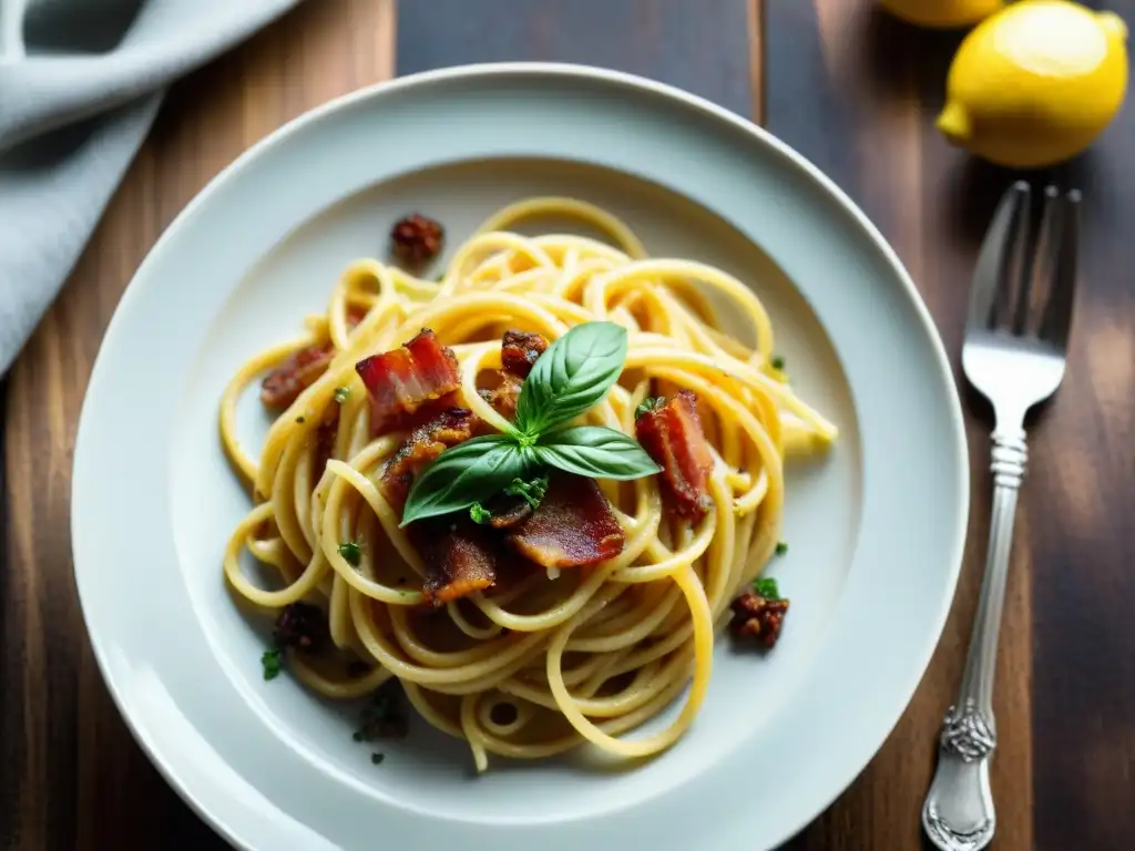 Deliciosa receta de pasta sin gluten: Spaghetti carbonara con salsa cremosa, panceta crujiente y limón, servido en plato sobre fondo de madera rústica