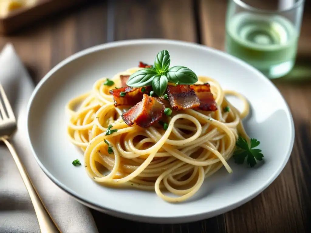 Deliciosa receta de pasta sin gluten: espaguetis a la carbonara con bacon crujiente, perejil fresco, queso parmesano y vino blanco