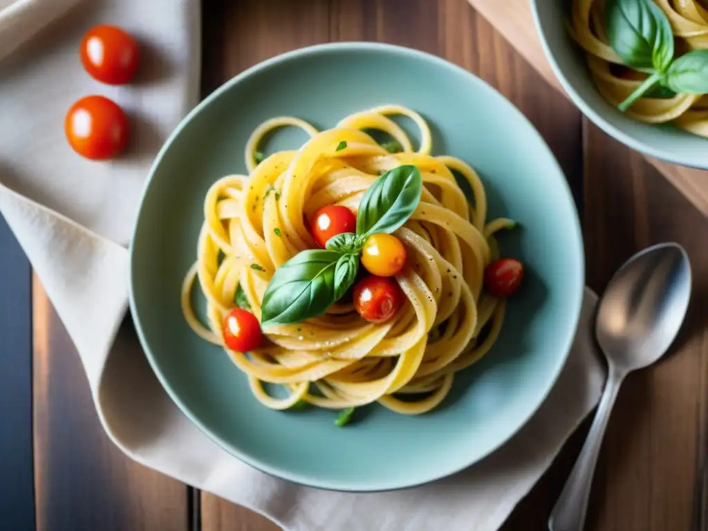 Deliciosa receta de pastas sin gluten con tomates cherry, albahaca y queso parmesano en una presentación exquisita en una mesa rústica con vino tinto