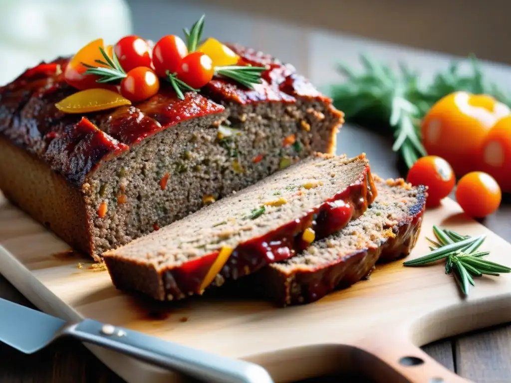 Deliciosa receta de pastel de carne sin gluten recién horneado con crujiente costra dorada, rodeado de verduras y hierbas aromáticas