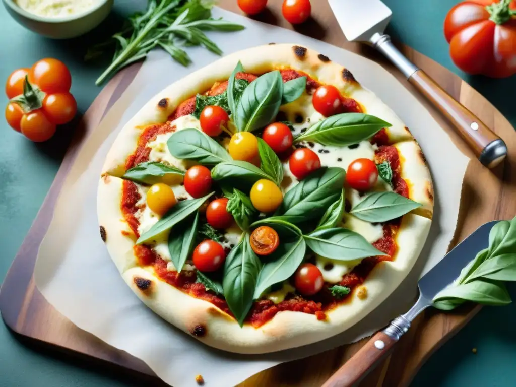 Deliciosa receta de pizza sin gluten saludable con costra de coliflor crujiente y coloridas verduras frescas