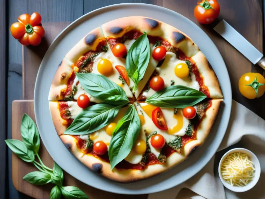 Deliciosa receta de pizza sin gluten saludable, con vegetales coloridos y queso derretido sobre una mesa de madera rústica