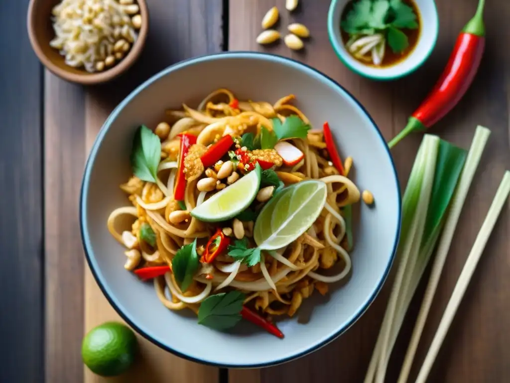 Deliciosa receta Pad Thai sin gluten: plato colorido con fideos, hierbas frescas, cacahuetes y limón en mesa rústica