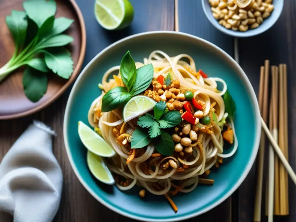 Deliciosa receta Pad Thai sin gluten: plato vibrante con hierbas frescas, maní, limón y chiles sobre mesa rústica