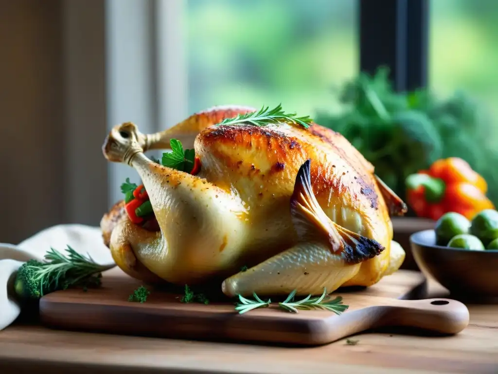 Deliciosa escena culinaria: pollo asado sin gluten y verduras coloridas Deliciosa receta de pollo al horno sin gluten con vegetales asados en tabla de madera