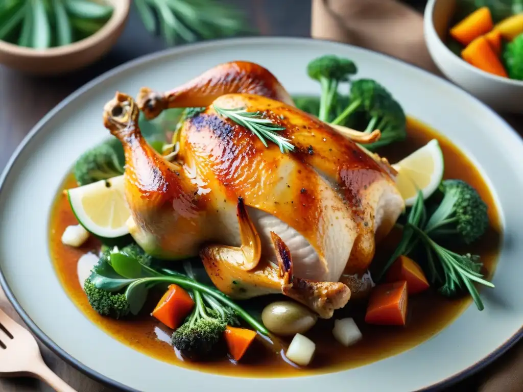 Pollo asado dorado con vegetales: receta sin gluten Deliciosa receta de pollo al horno sin gluten con verduras asadas en un plato de cerámica rústico y suculento
