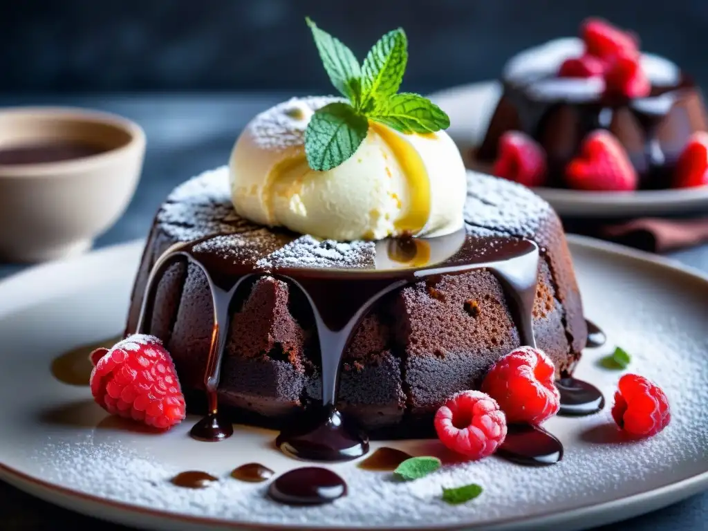 Deliciosa receta de postre sin gluten: suculento lava cake de chocolate con helado de vainilla, frambuesas y menta