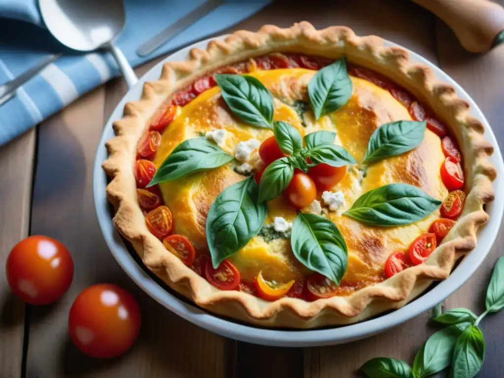 Deliciosa receta de quiche sin gluten gourmet con tomates cherry, albahaca fresca y queso feta sobre una mesa rústica de madera