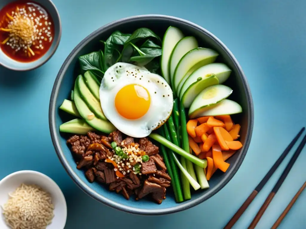 Deliciosa receta Bibimbap sin gluten saludable en cuenco de piedra tradicional, con ingredientes frescos y coloridos