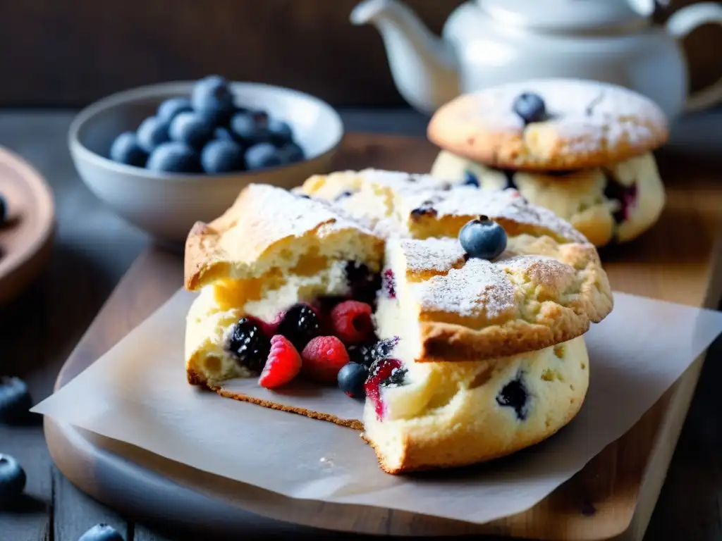 Deliciosa receta de scones sin gluten, dorados y espolvoreados con azúcar glas, en tabla de madera rústica