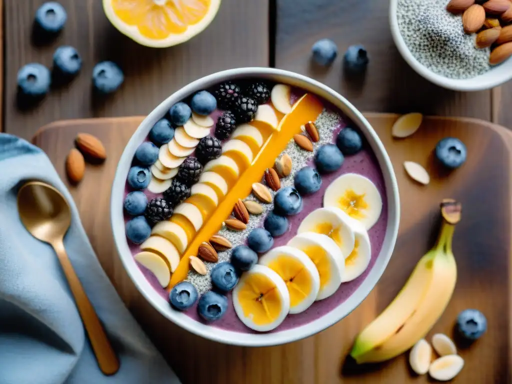 Deliciosa receta de smoothie bowl con ingredientes frescos y coloridos, ideal para batidos proteínas sin gluten