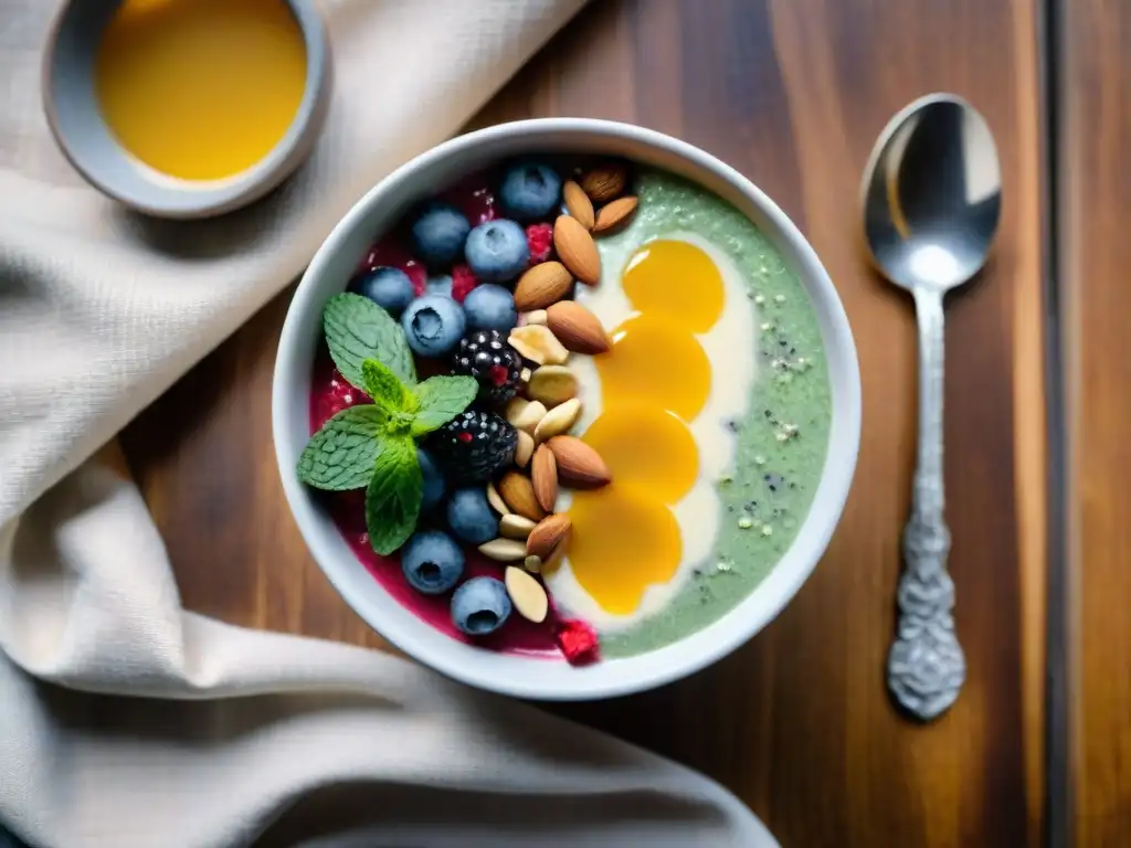 Deliciosa receta de smoothie bowl de chía sin gluten con bayas frescas y almendras en una mesa rústica iluminada naturalmente