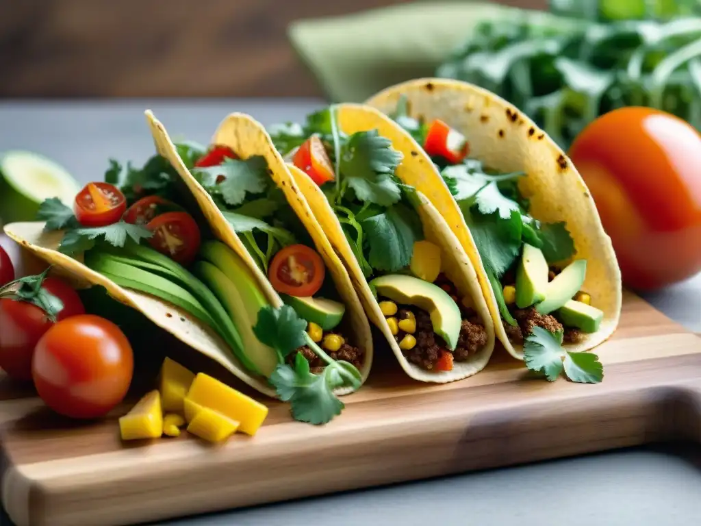 Tacos sin gluten: explosión de colores frescos en tabla de madera Deliciosa receta de tacos sin gluten con ingredientes frescos y coloridos en tabla de madera