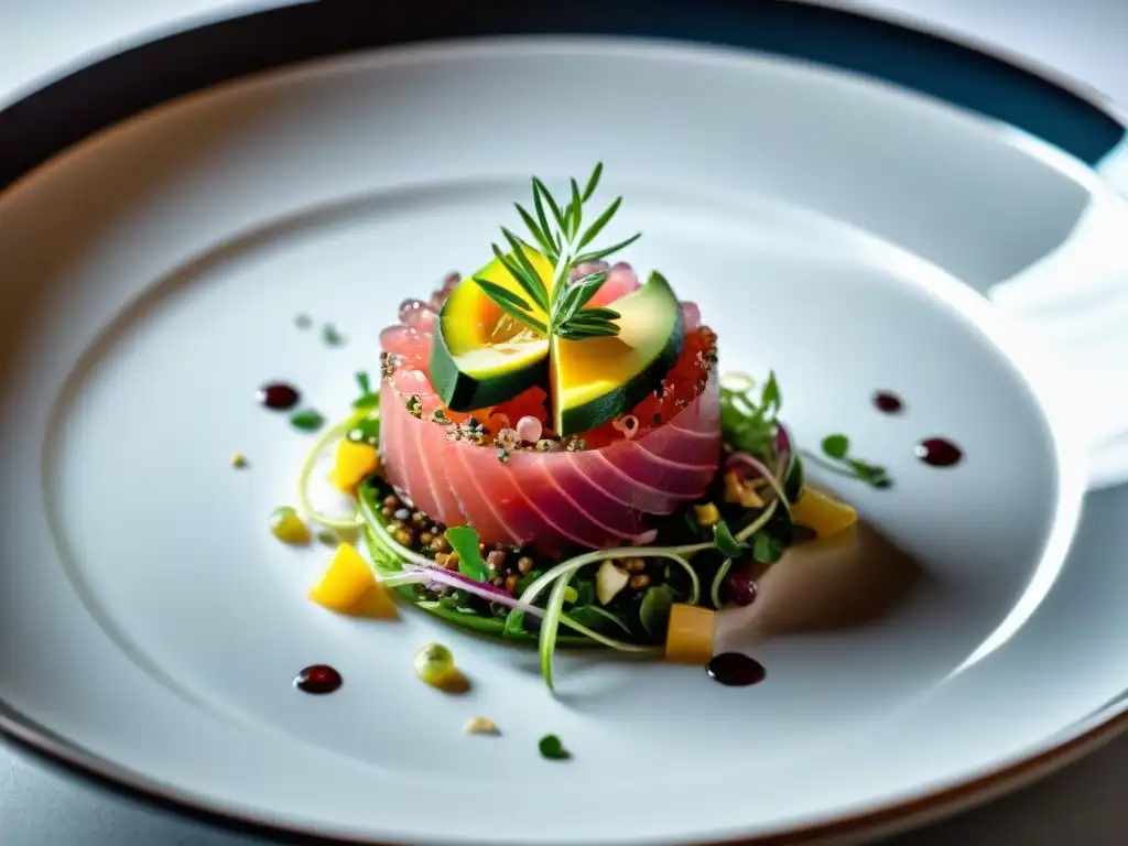 Deliciosa receta de Tartare sin gluten con atún, aguacate y cebolla roja en plato blanco moderno