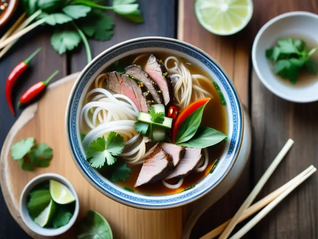 Deliciosa receta pho sin gluten Vietnam: un tazón humeante con fideos de arroz, hierbas frescas, ternera y guarniciones vibrantes