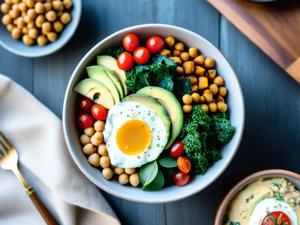 Deliciosa receta vegana sin gluten con Buddha bowl colorido en mesa rústica iluminada