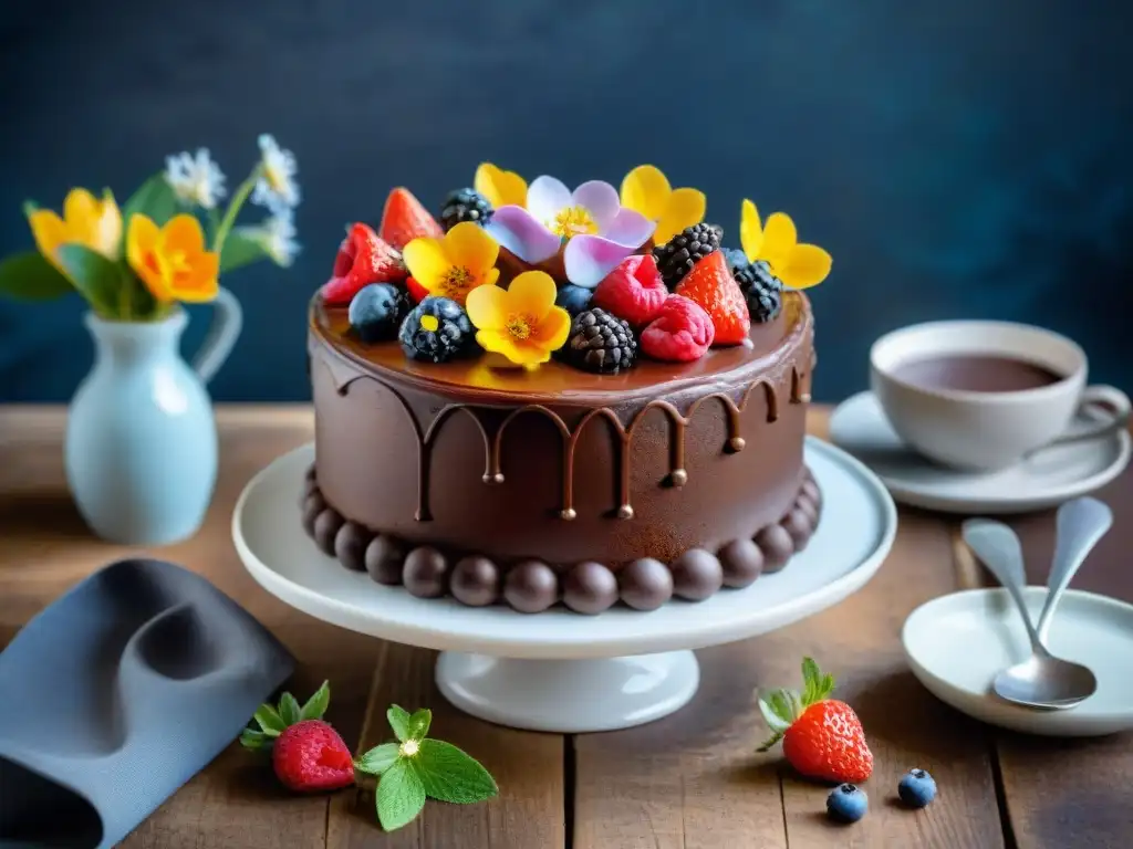 Deliciosa receta vegana sin gluten: un pastel de chocolate decorado con frutas frescas y flores comestibles, sobre una mesa rústica de madera