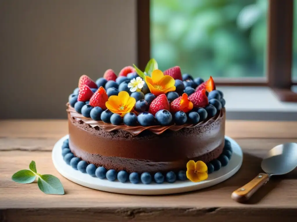 Deliciosa receta vegana sin gluten: exquisito pastel de chocolate decorado con frutas y flores, sobre mesa rústica con luz natural