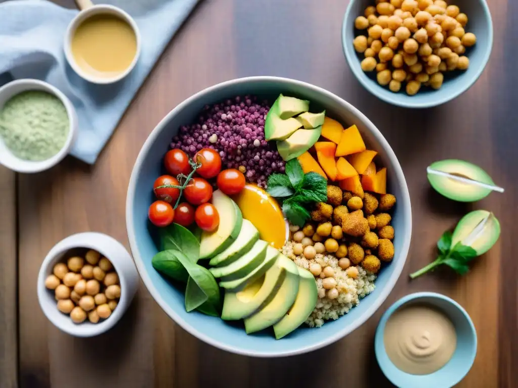 Deliciosa receta sin gluten: vibrante Buddha bowl con aguacate, tomates y quinoa arcoíris, bañado en aderezo de tahini de cúrcuma