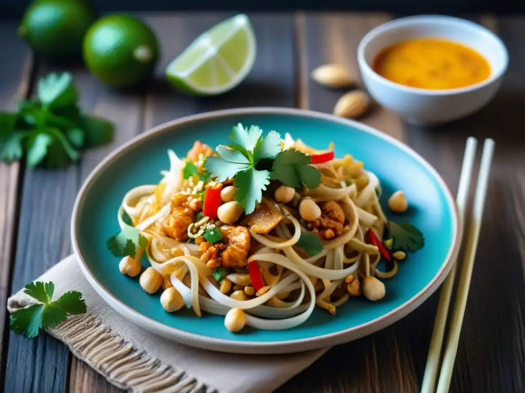 Deliciosa Receta Pad Thai sin gluten en vibrante imagen detallada de un plato colorido sobre una mesa rústica