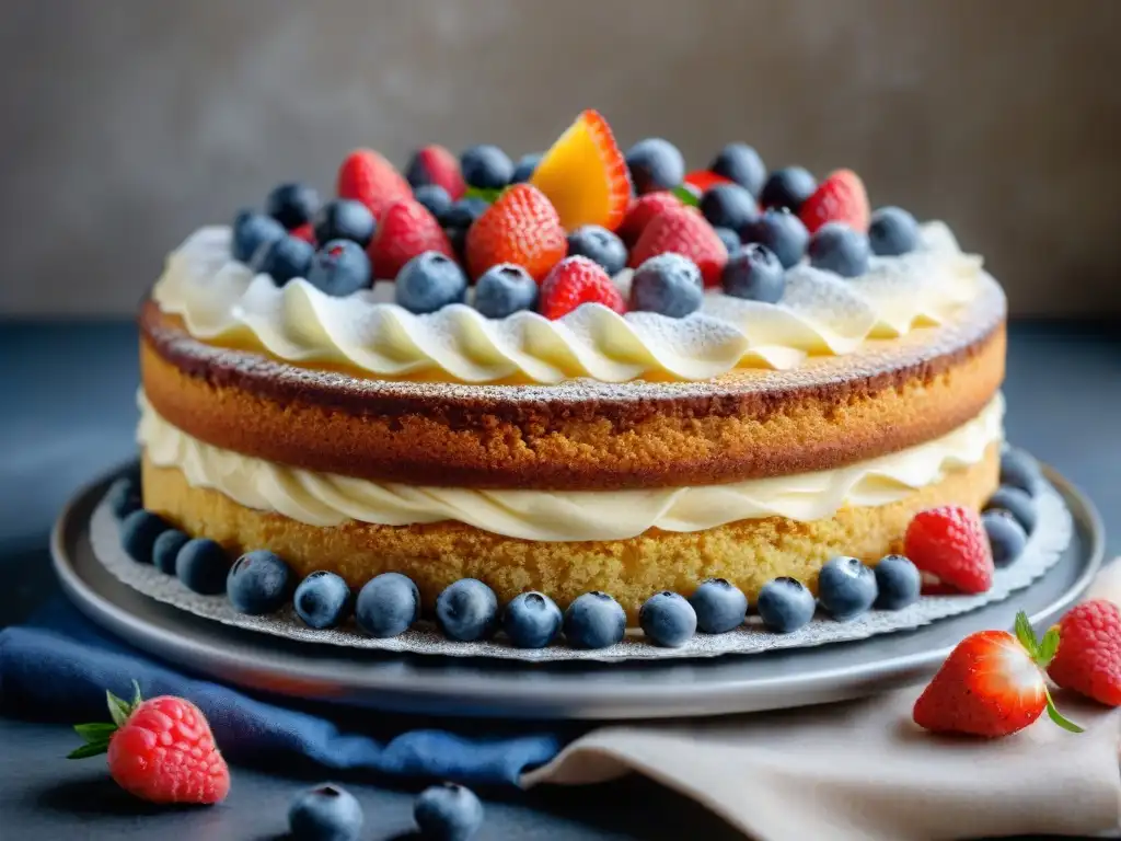 Deliciosa repostería sin gluten con harina de almendras, cubierta de frutas frescas y azúcar glass