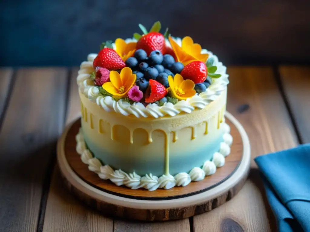 Deliciosa repostería vegana sin gluten: exquisita tarta decorada con frutas frescas y flores comestibles en una mesa de madera rústica