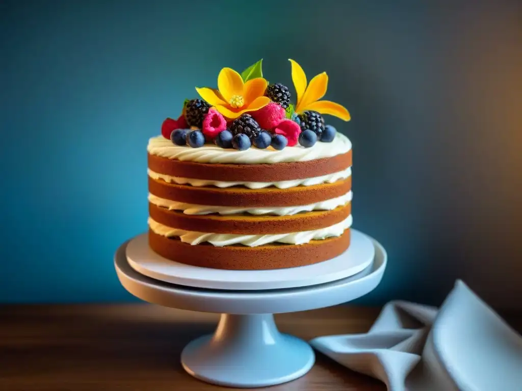 Una deliciosa y saludable tarta sin gluten adornada con flores comestibles, frutos rojos y virutas de chocolate, en un soporte blanco