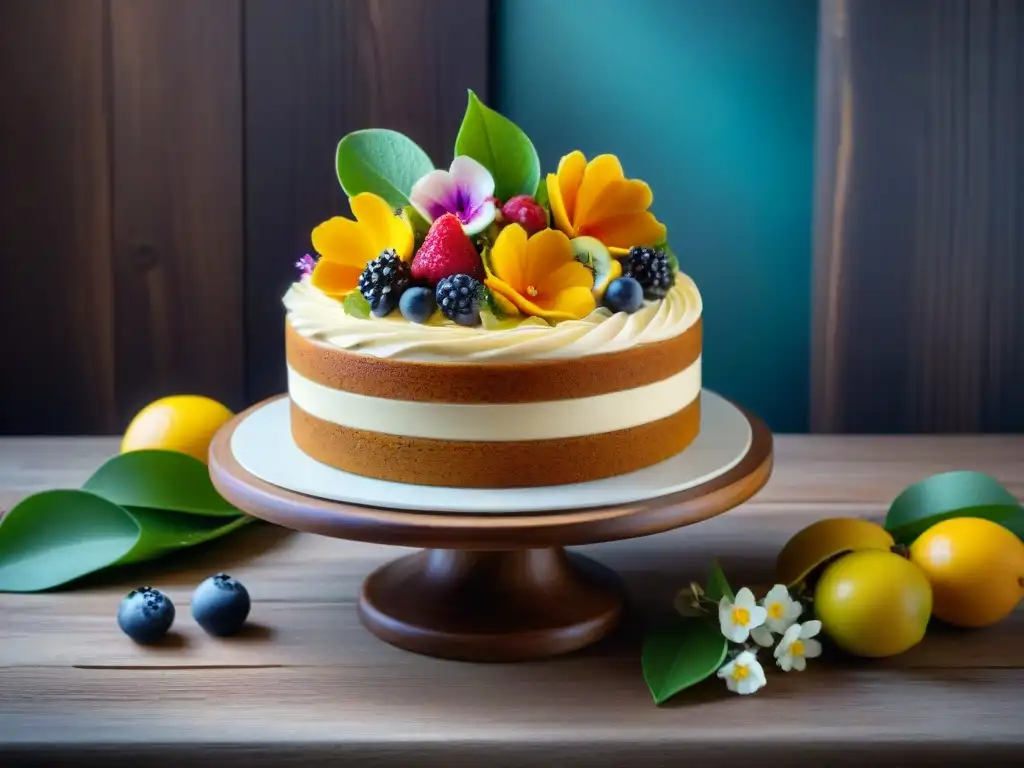 Deliciosa y saludable tarta sin gluten con frutas vibrantes y flores comestibles en presentación artística