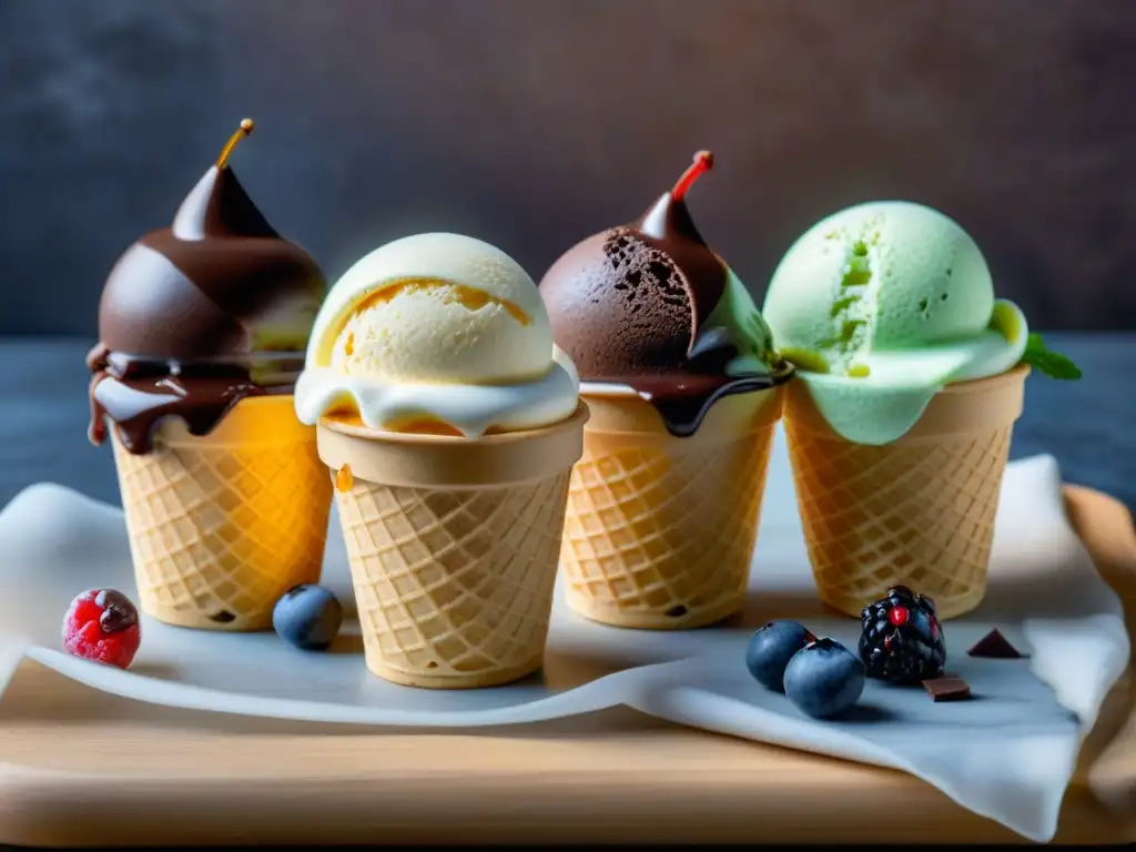 Una deliciosa selección de helados sin gluten en conos, decorados con frutas frescas y chocolate, lista para el verano