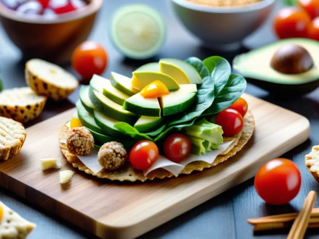 Una deliciosa selección de meriendas sin gluten creativas en una tabla de madera con luz natural en la cocina