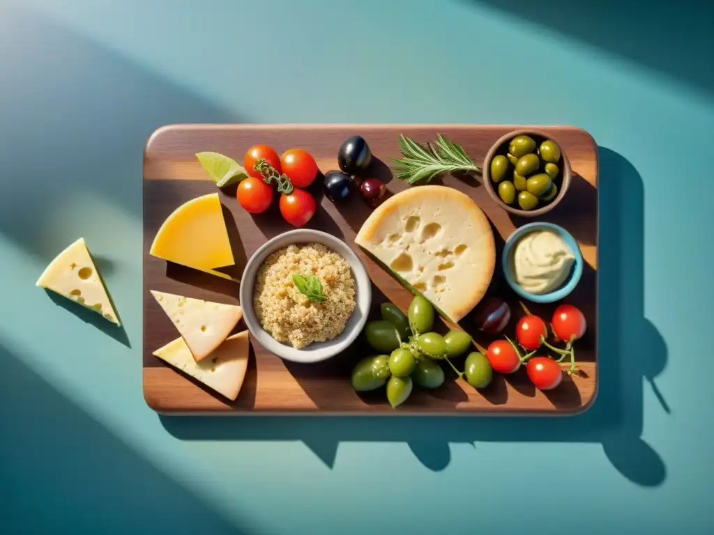 Una deliciosa selección de Meriendas sin gluten fáciles, con quinoa, vegetales, hummus y quesos artesanales en una tabla de madera al sol de la tarde