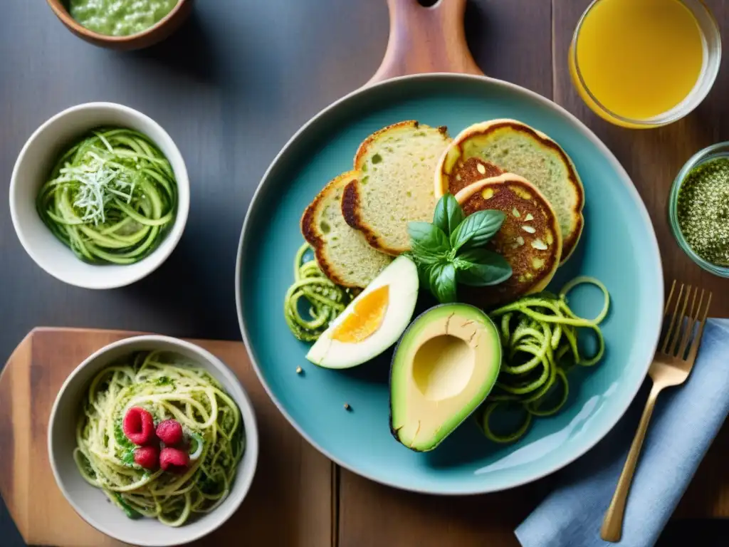 Deliciosa selección de platos sin gluten para cocinar: ensalada de quinoa, pan casero, pancakes y zoodles con pesto de aguacate