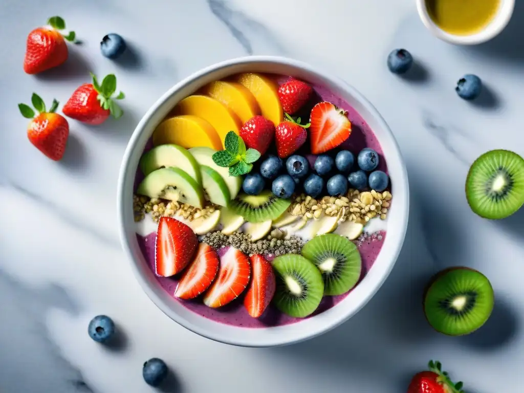 Deliciosa smoothie bowl colorida con frutas frescas y chia en mármol blanco