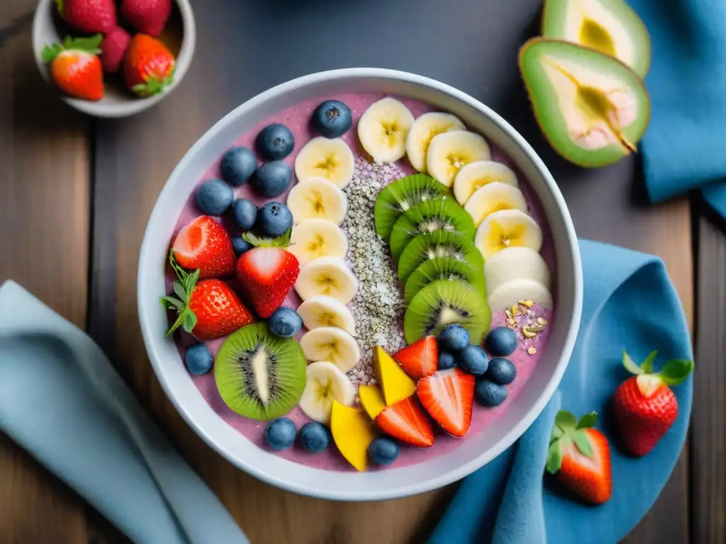 Deliciosa smoothie bowl sin gluten fácil con frutas coloridas en una mesa de madera rústica