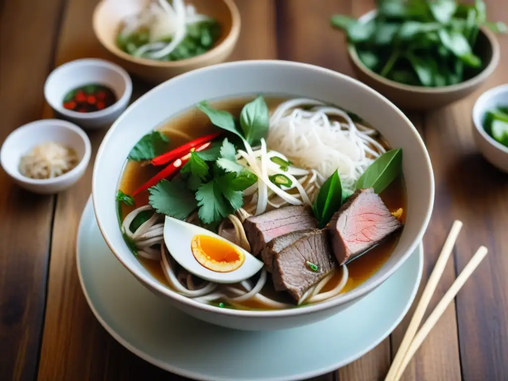 Una deliciosa sopa de fideos vietnamita pho, con ingredientes frescos y coloridos