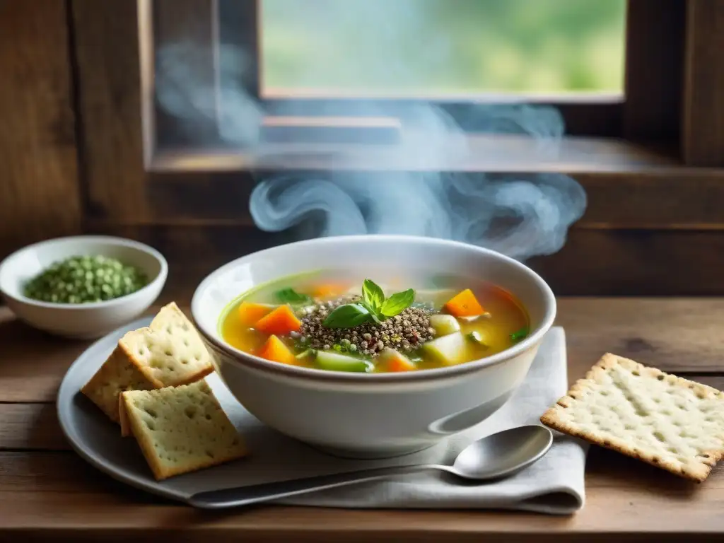 Una deliciosa sopa sin gluten con ingredientes frescos, presentada en una mesa rústica