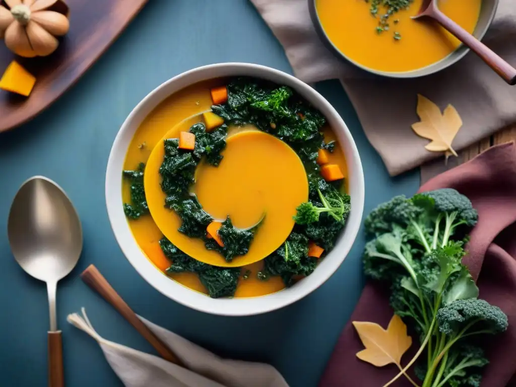 Una deliciosa sopa de otoño sin gluten, con vegetales vibrantes y hierbas frescas, sobre una mesa de madera rústica